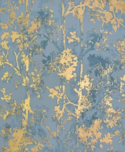 Antonina Vella Modern Metals Shimmering Foliage Wallpaper - Blue & Gold