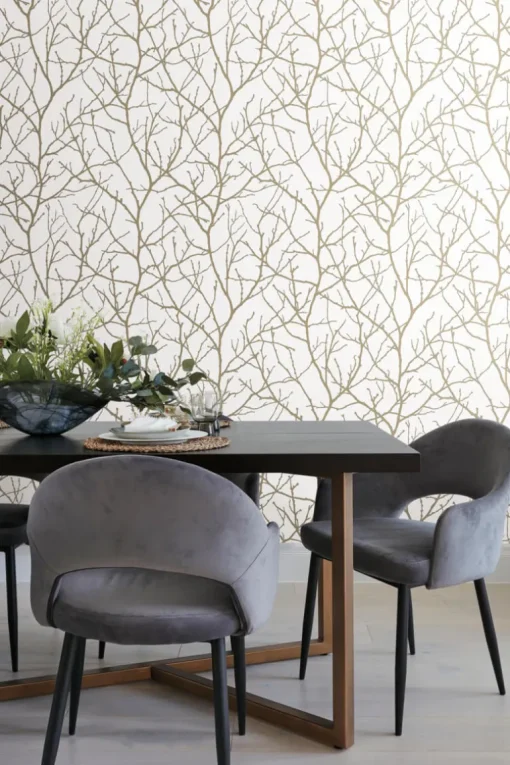 Antonina Vella Modern Metals Trees Silhouette Wallpaper - White & Gold
