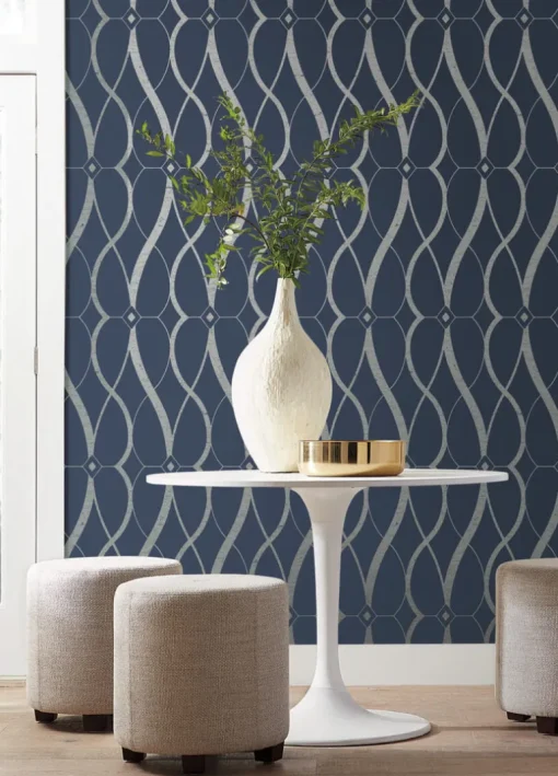 Antonina Vella Modern Metals Graceful Geo Wallpaper - Navy & Silver