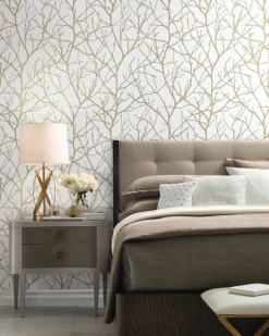 Antonina Vella Modern Metals Trees Silhouette Wallpaper - White & Gold