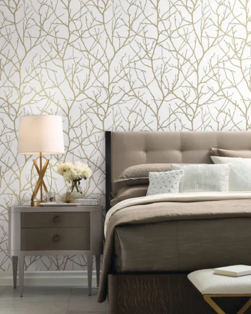 Antonina Vella Modern Metals Trees Silhouette Wallpaper - White & Gold