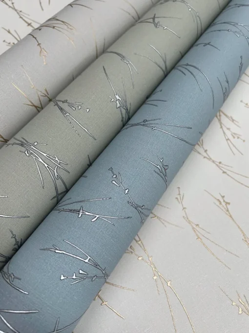 Antonina Vella Modern Metals Sprigs Wallpaper - Smokey Blue & Silver