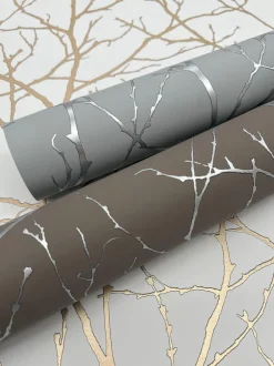 Antonina Vella Modern Metals Trees Silhouette Wallpaper - White & Gold