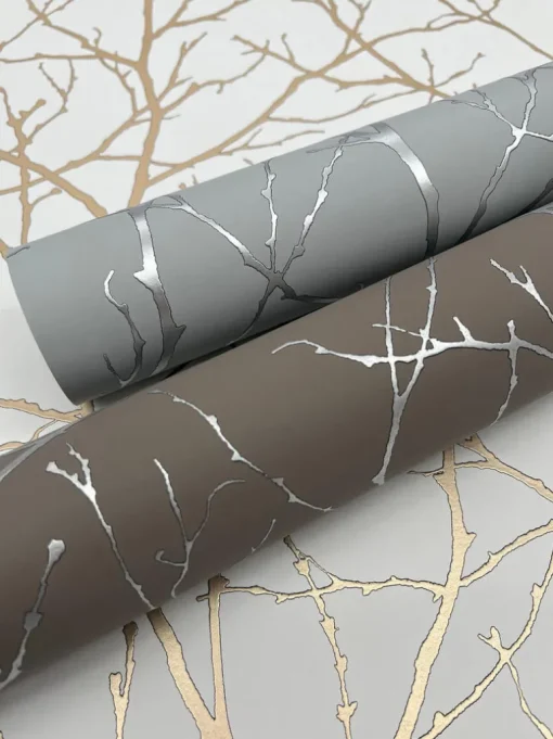 Antonina Vella Modern Metals Trees Silhouette Wallpaper - White & Gold