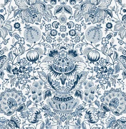 A-Street Prints Haberdashery Blanche Floral Damask Wallpaper - Blue