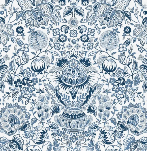 A-Street Prints Haberdashery Blanche Floral Damask Wallpaper - Blue