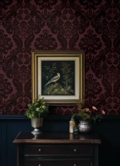 A-Street Prints Haberdashery Shadow Flocked Damask Wallpaper - Merlot