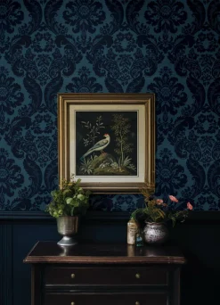 A-Street Prints Haberdashery Shadow Flocked Damask Wallpaper - Blue