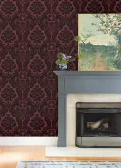 A-Street Prints Haberdashery Shadow Flocked Damask Wallpaper - Merlot