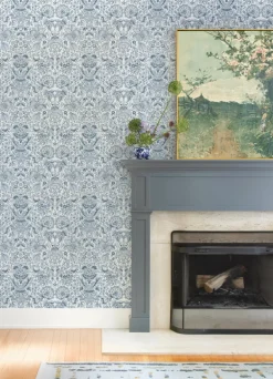 A-Street Prints Haberdashery Blanche Floral Damask Wallpaper - Blue