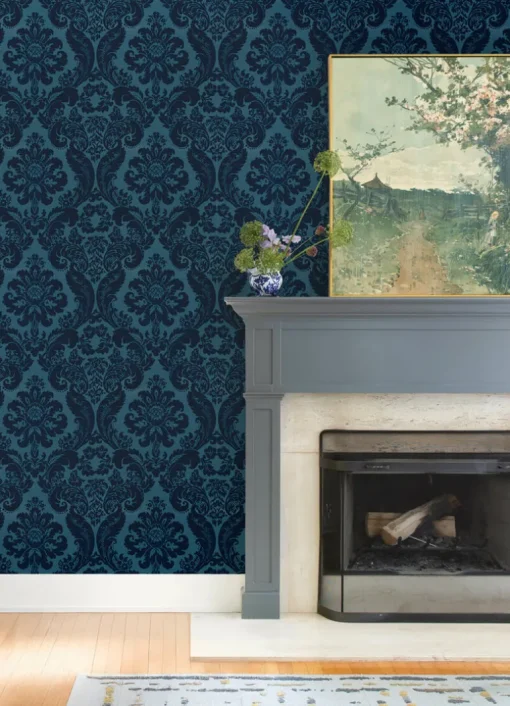 A-Street Prints Haberdashery Shadow Flocked Damask Wallpaper - Blue