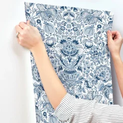 A-Street Prints Haberdashery Blanche Floral Damask Wallpaper - Blue