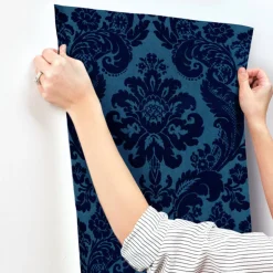 A-Street Prints Haberdashery Shadow Flocked Damask Wallpaper - Blue