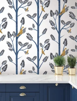 Aviary Branch Peel & Stick Wallpaper - Blue & Yellow