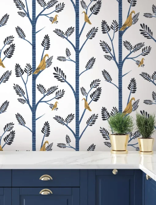 Aviary Branch Peel & Stick Wallpaper - Blue & Yellow