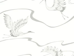 Black & White Resource Library Soaring Cranes Wallpaper - White & Silver