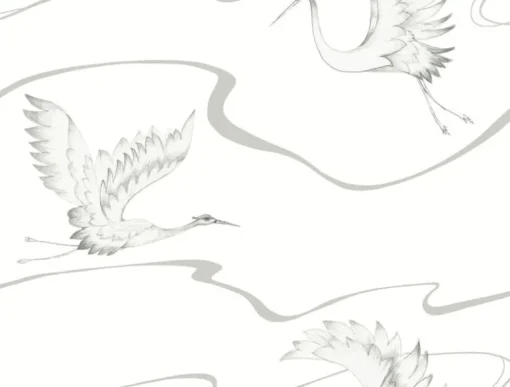 Black & White Resource Library Soaring Cranes Wallpaper - White & Silver