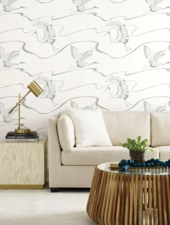 Black & White Resource Library Soaring Cranes Wallpaper - White & Silver