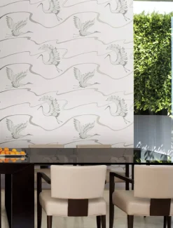 Black & White Resource Library Soaring Cranes Wallpaper - White & Silver