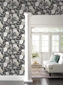 Black & White Resource Library Vincent Poppies Wallpaper - Black & Cream