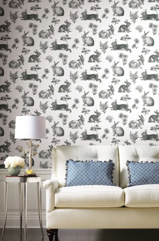 Black & White Resource Library Bunny Toile Wallpaper - Black & White