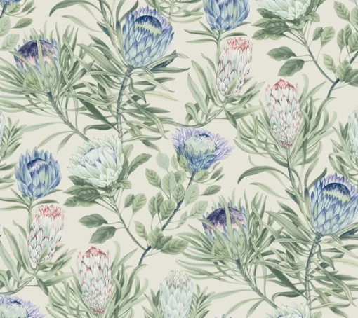 Blooms Second Edition Protea Wallpaper - Cream & Blue