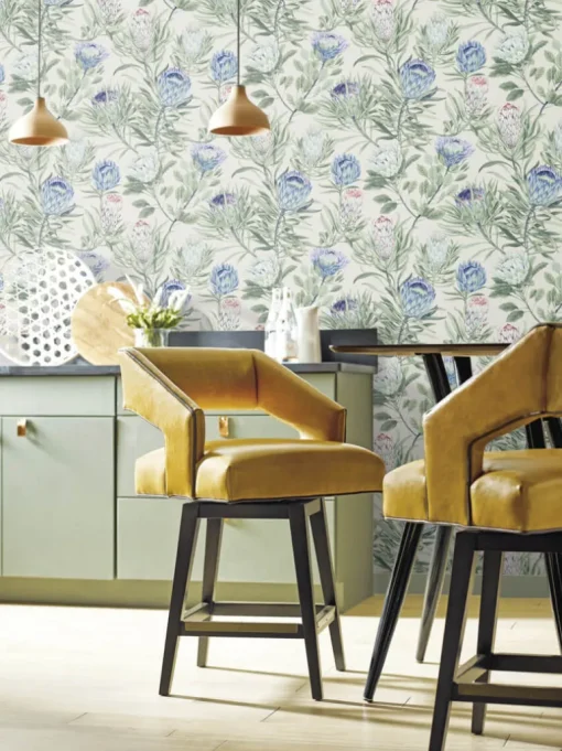 Blooms Second Edition Protea Wallpaper - Cream & Blue