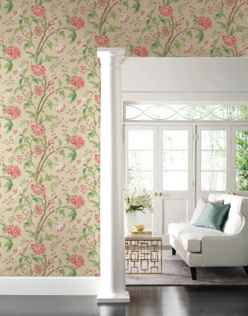 Blooms Second Edition Teahouse Floral Wallpaper - Cream & Coral