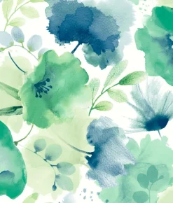 Blooms Second Edition Watercolor Bouquet Wallpaper - Blue & Green