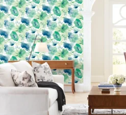 Blooms Second Edition Watercolor Bouquet Wallpaper - Blue & Green