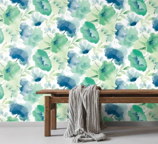 Blooms Second Edition Watercolor Bouquet Wallpaper - Blue & Green