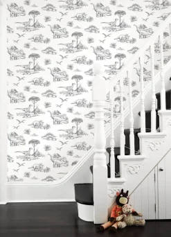 Chesapeake Fable Isolde Dinosaurs Wallpaper - Charcoal