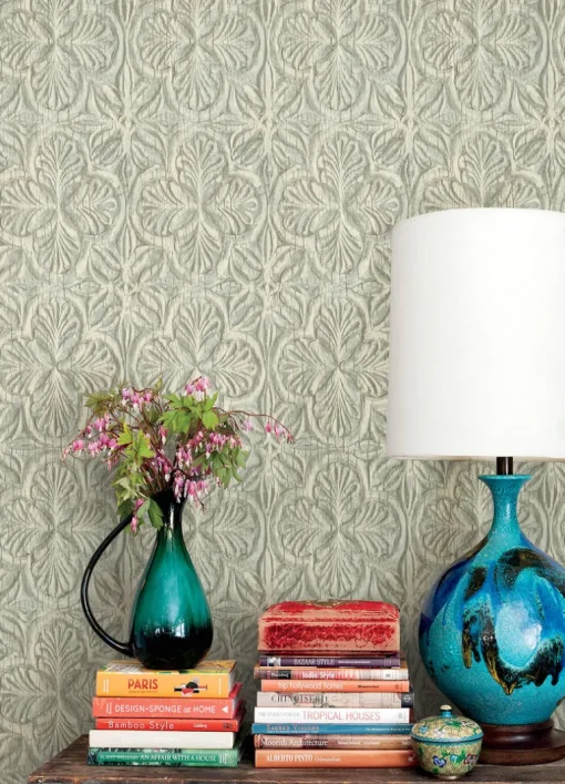Chesapeake Kinfolk Karachi Wooden Damask Wallpaper - Aqua