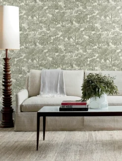 Chesapeake Wildflower Spinney Toile Wallpaper - Green