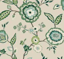 Greenhouse Dahlia Blooms Wallpaper - Linen & Jade