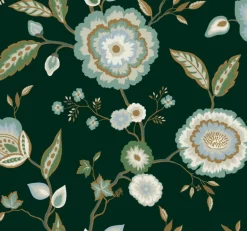 Greenhouse Dahlia Blooms Wallpaper - Forest & Seafoam
