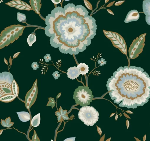 Greenhouse Dahlia Blooms Wallpaper - Forest & Seafoam