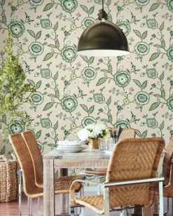 Greenhouse Dahlia Blooms Wallpaper - Linen & Jade