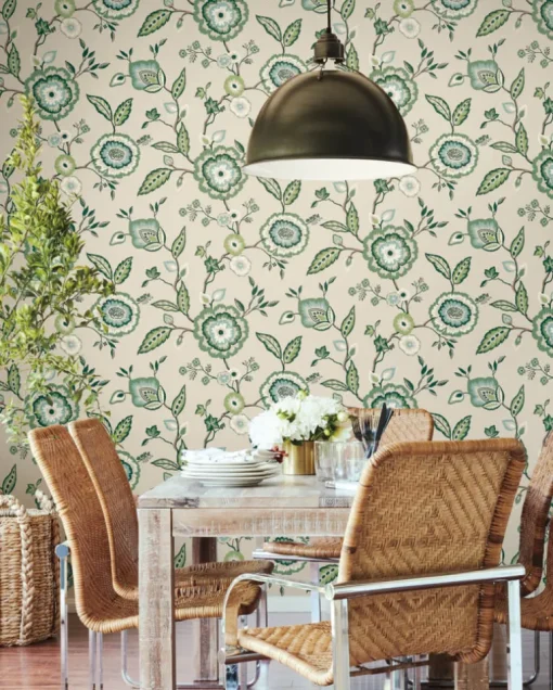 Greenhouse Dahlia Blooms Wallpaper - Linen & Jade