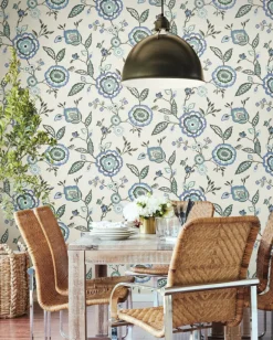 Greenhouse Dahlia Blooms Wallpaper - Dove & Cornflower
