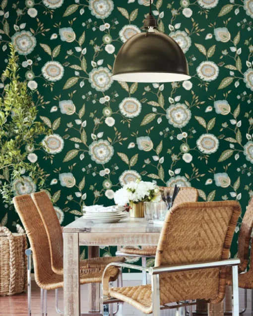 Greenhouse Dahlia Blooms Wallpaper - Forest & Seafoam
