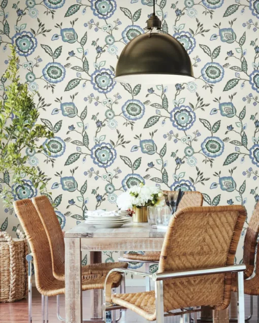 Greenhouse Dahlia Blooms Wallpaper - Dove & Cornflower