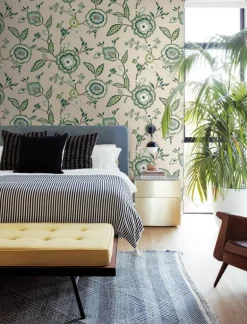 Greenhouse Dahlia Blooms Wallpaper - Linen & Jade