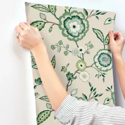 Greenhouse Dahlia Blooms Wallpaper - Linen & Jade