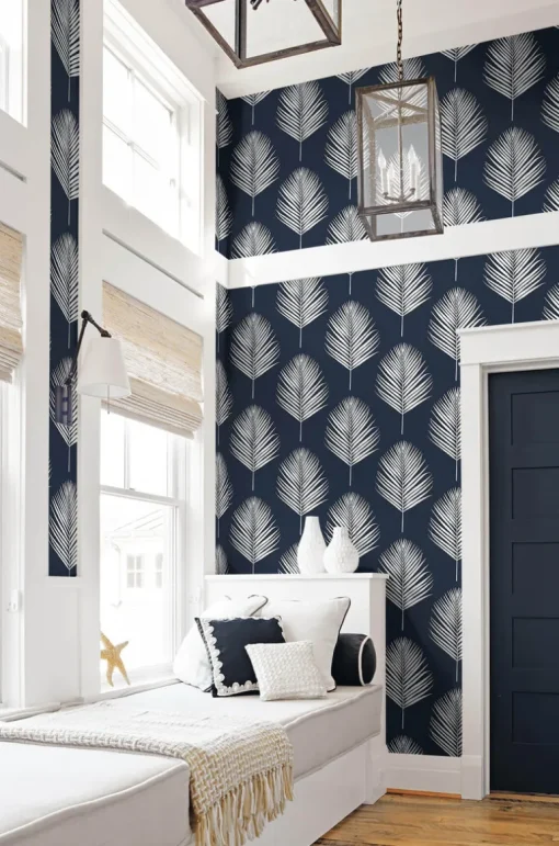 Lillian August Maui Palm Peel & Stick Wallpaper - Midnight Blue & White