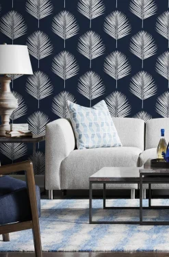 Lillian August Maui Palm Peel & Stick Wallpaper - Midnight Blue & White