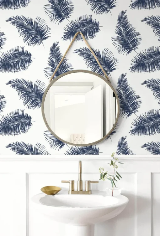 Lillian August Tossed Palm Peel & Stick Wallpaper - White & Navy