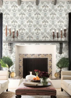 Mediterranean Seaside Jacobean Wallpaper - Blue