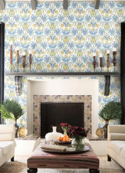 Mediterranean Seaside Jacobean Wallpaper - Blue