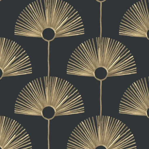 Mitchell Black Bohemian Bungalow Deco Fan Wallpaper - Black & Gold